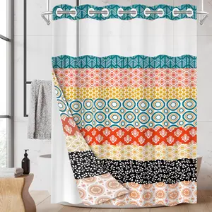 1PC 2D Flat No Hooks Double Layer Shower Curtain, Boho Patchwork Geometric Print Waterproof Fabric, Retro Ethnic Style Home Decor, Accessories for Hotel, Dormitory & Bathroom, Clear Top Window & Detachable Snap-In Liner, 71×74 Inch