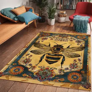 Vintage Bee Floral Print Decorative Area Rug, Foldable and Non-Slip Plush Carpet for Living Room and Bedroom, Vintage Printed Rug, Vintage Design Rug, Decorative Rugs