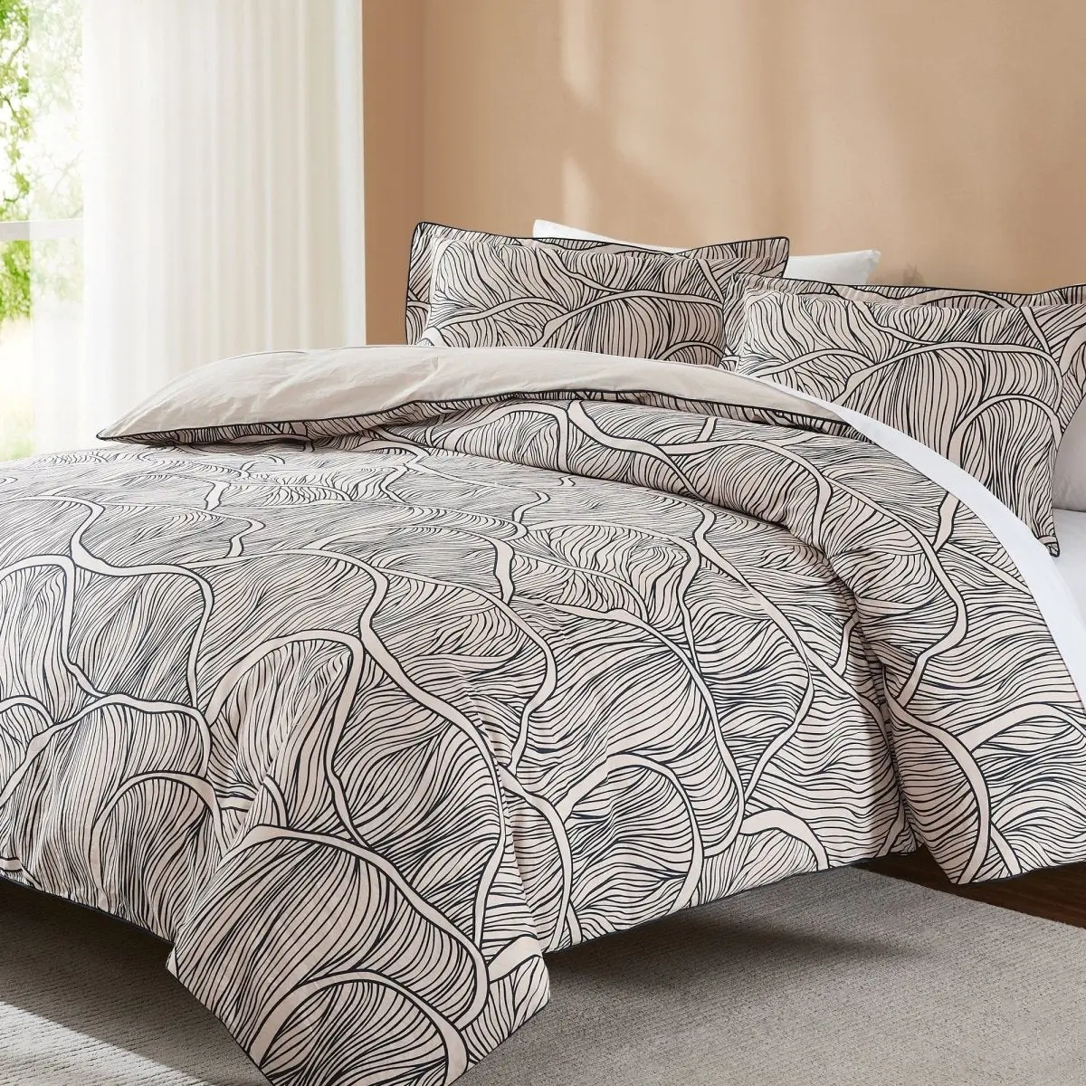 Lush Decor x Chuks Collins Umbra Bloom Duvet Cover Set - 3-Piece Linen-Blend Bedding with Mushroom Cap Inspired Pattern - OEKO-TEX Certified - Modern Luxury Bedroom Decor