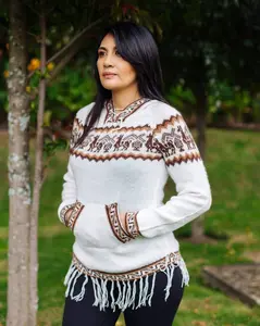 White Alpaca Hooded Sweater with a Traditional Design - Soft and Warm Alpaca Cardigan with Pockets - Boho Hippie Sweater for Woman