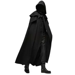 Ebb Supply Medieval Vintage Hooded Loose Black Cloak Coats Windproof Trench Chic Winter Long Cape Poncho Gothic Mens Monk Halloween Cosplay