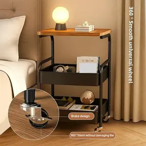 Convertible Sofa Side Table to Mobile Storage Cart, Natural Wood & Metal, Versatile Small Side Table for Bedroom and Living Room