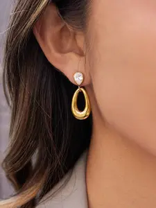 Classic 18K Plated Gold Color Water Drop Shaped Hollow Pendant Earrings With White Zircon Stainless Steel Earring Tear Drop Earring