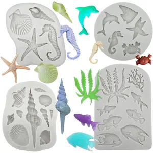 4 count Marine Theme Fondant  Mold Seaweed Sea Fish Crab Coral Conch Sea Shells Shape DIY  Baking Tools