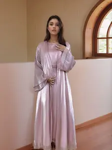 Women's Solid Color Organza Dress with Belt, Modest Long Sleeve Open Front Outerwear & Dress Set, Muslim Clothing for Daily Wear, Modest Muslim Outfits