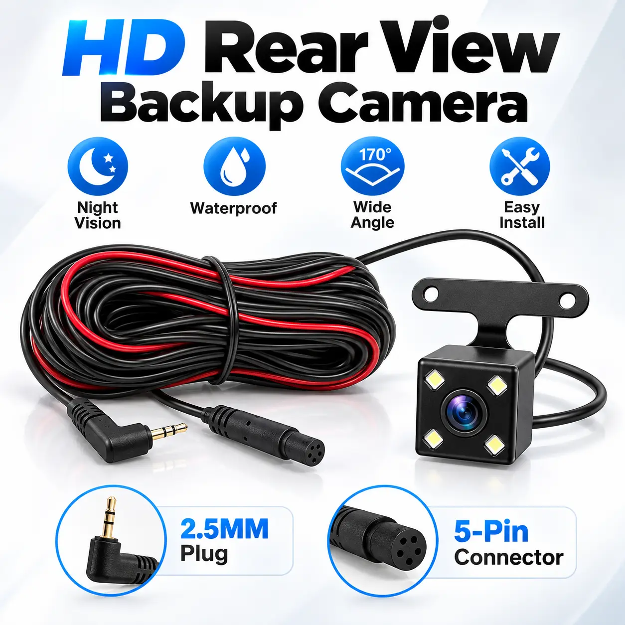 GYIOEUPT HD 5-Pin Rear View Backup Camera Extension Cable - 5-Pins Rear Camera with Night Vision, Waterproof Parking Assist, Wide Angle - Easy-Install Car Electronics for SUV/Truck Driving Safety Accessory, 5-Pin Connector
