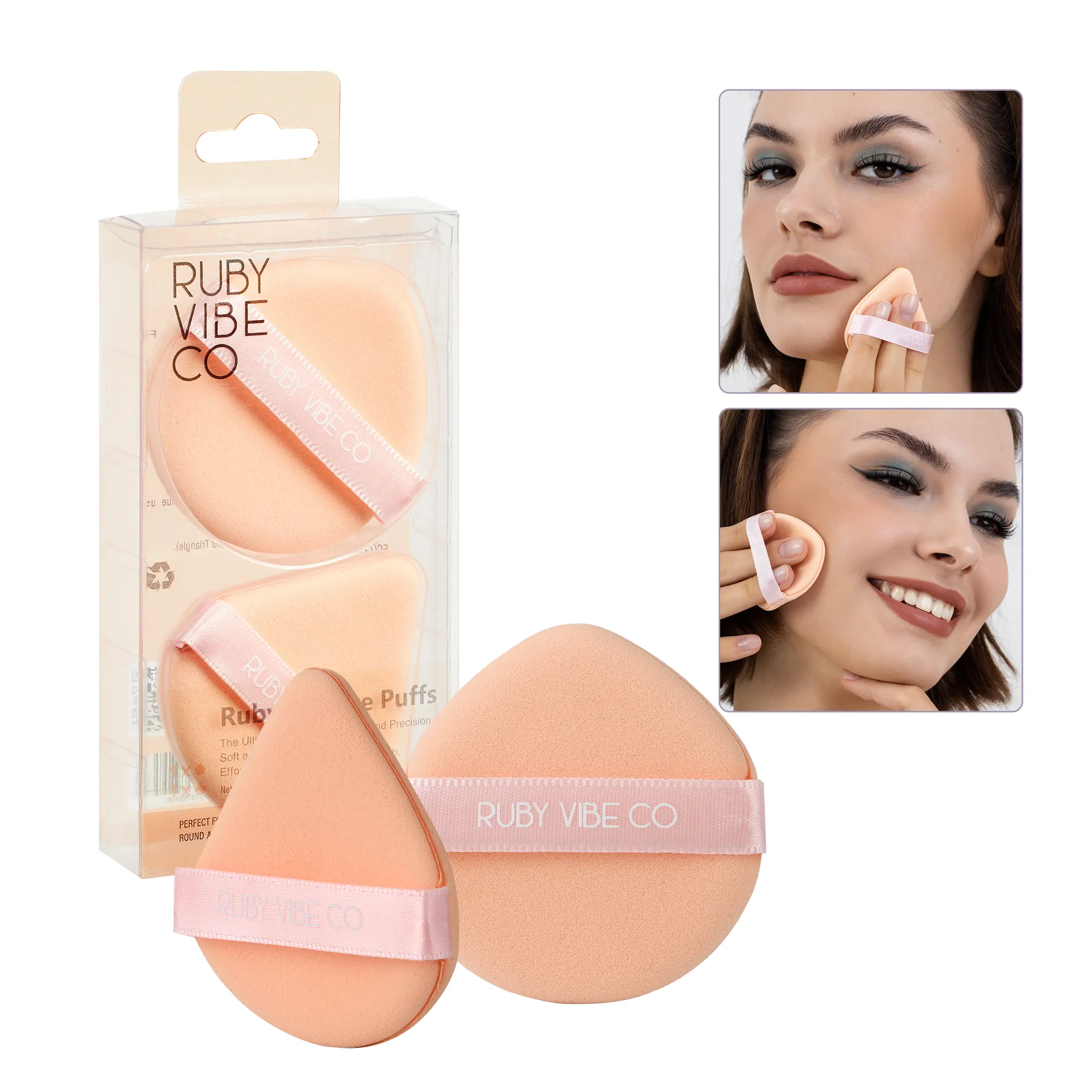 RUBY VIBE CO Makeup Puff Set, 2 Latex-Free Powder Puffs with Round & Triangle Powder Puff, Wet & Dry Makeup Puff for Foundation, Setting Powder Puff & Powder Sponge, Pink or Beige
