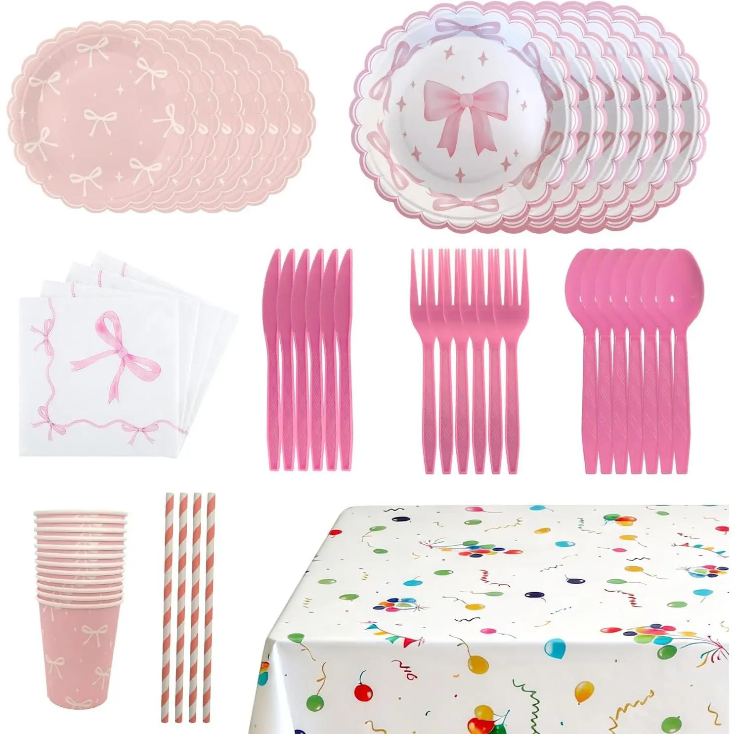 Pink Bow Birthday Party Supplies Serve 24, Coquette Birthday Decorations Include Bow Plates Napkins Cups Tablecloth straw Bow Theme Tableware for Girls Bac