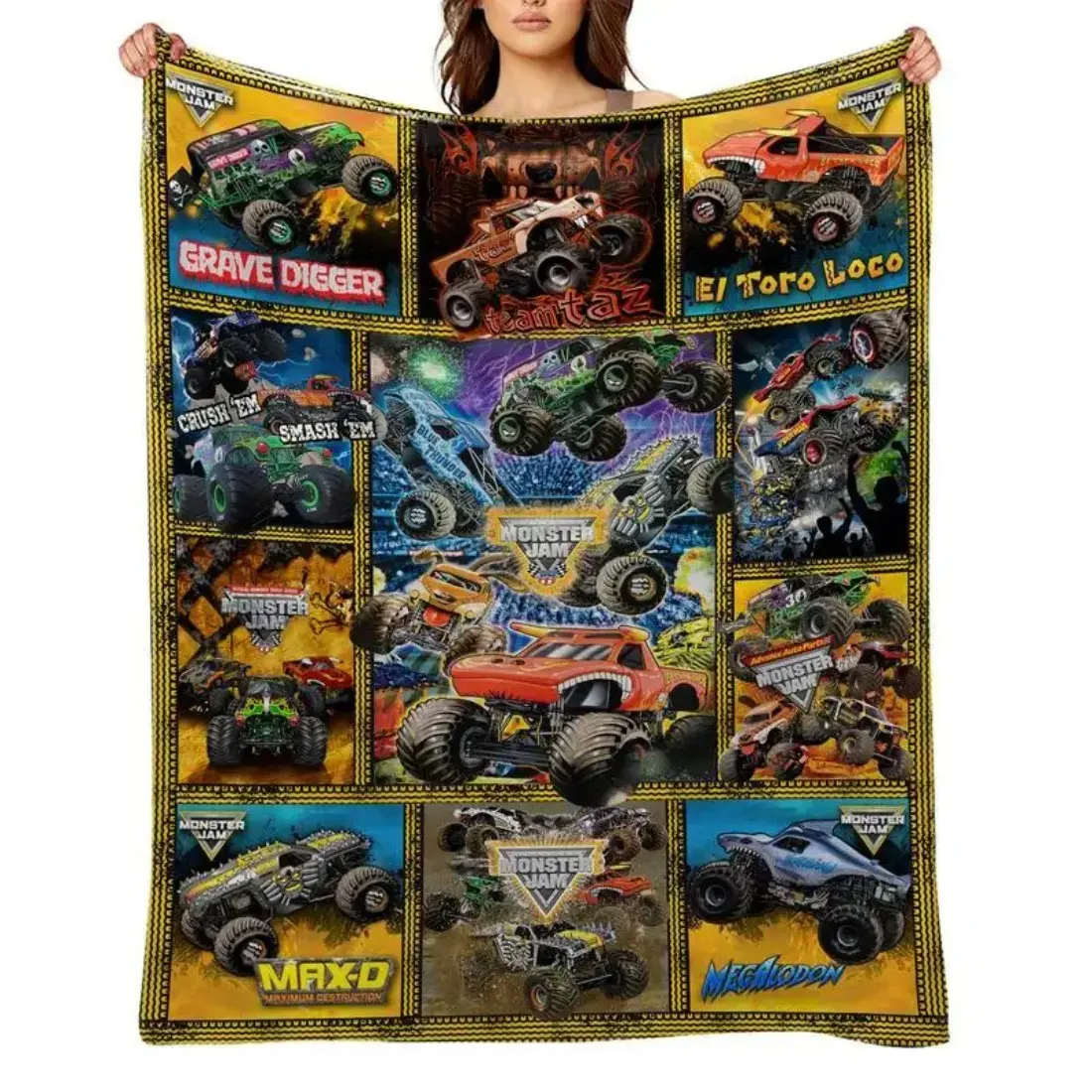 Monster Jam M Print Flannel Velvet Throw Blanket - Soft, Breathable, All-Seasons, Off-Road Racing Pop Culture Design for Home, Room, House Whimsical Decor, Daily Lounge & Gifting (Birthdays, Christmas)