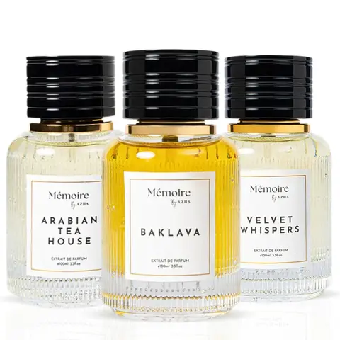 Baklava, Arabian Tea House & Velvet Whispers Extrait de Parfum Sprays 100ml - Memoire Collection by Azha | Sweet Elegance Meets Warm Sophistication (Bundle)