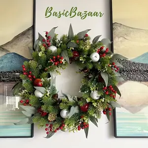 Large Christmas Wreath 24-Inch for Front Door – Pinecone & Red Berry Holiday Decor, Indoor Outdoor Christmas Decorations