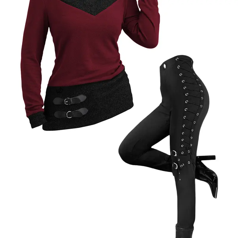 DRESSLILY Women's Outfit Heather Faux Twinset Top Textured Long Sleeve V Neck 2 In 1 Top & Grommet Buckle Lace Up Pants Elastic Waist Punk Skinny Leggings Matching Set