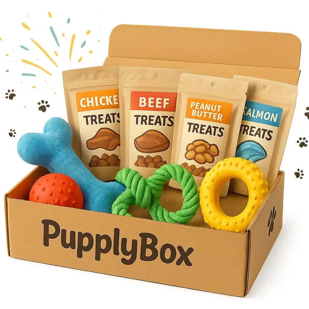PupplyBox Dog Toy & Treat Box – 2 Toys, 2 USA-Made Treats
