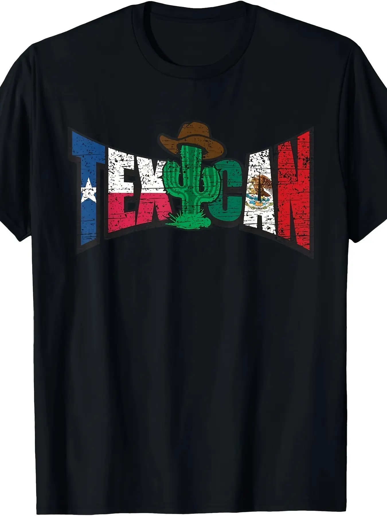 Men's Graphic T-Shirt with Texican Cactus Flag, Classic 100% Cotton Short Sleeve Moisture-Wicking for Outdoor Casual Wear, Tshirt