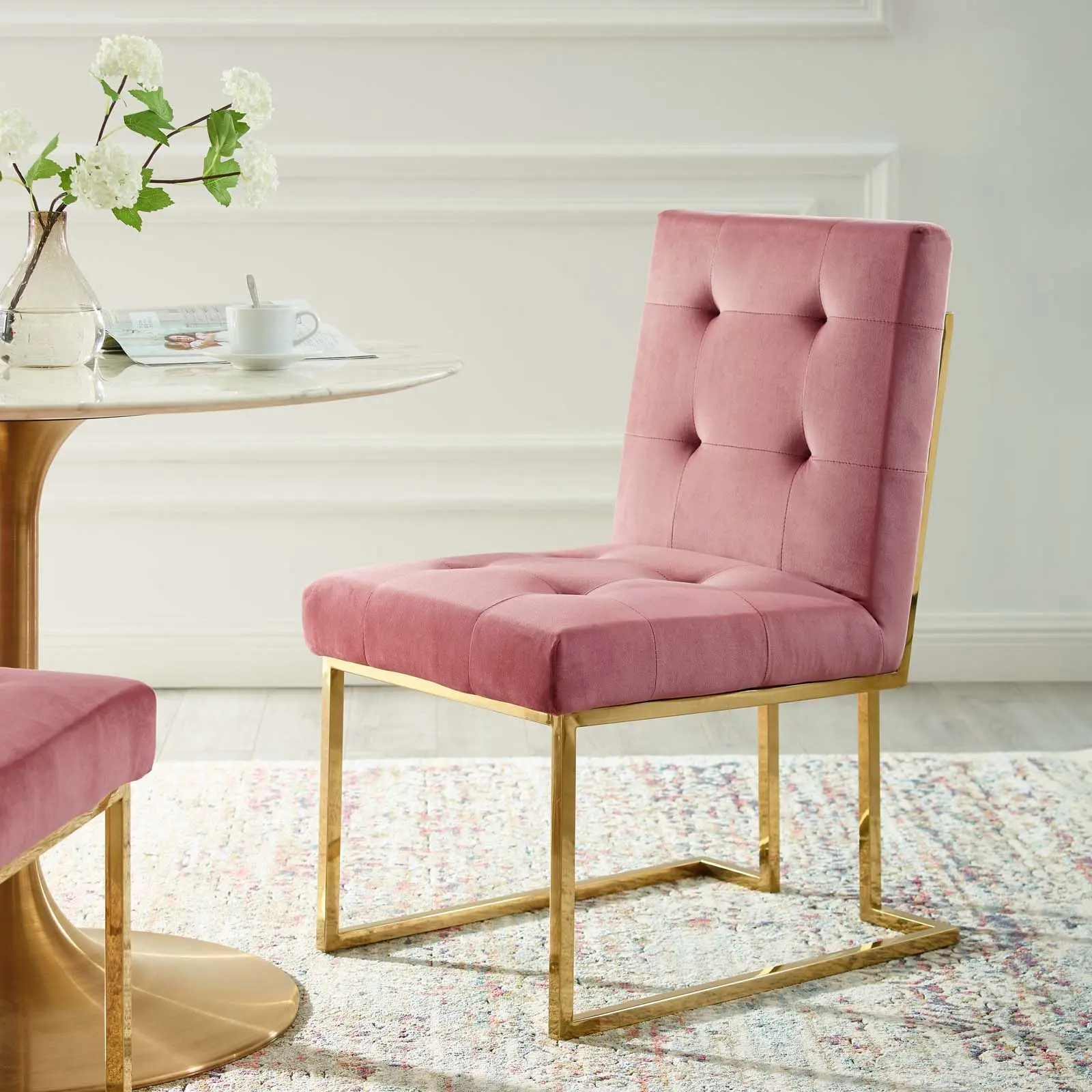 Modway Privy Fabric Dining Chair - Gold Stainless Steel Frame, Performance Velvet Upholstery, Blush Pink, for Dining Room Chairs