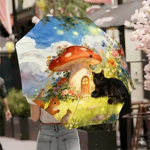 Mushroom House Cute Pet Umbrella, Watercolor Healing Style with Cat Pattern, Automatic Open-Close, Foldable Design, 8 Ribs, Windproof Lightweight