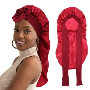 Wine Red Double-Layer Long Satin Bonnet Sleep Cap Adjustable Care Night Sleeping Cap for Women Braids Curly Hair Wrap for Bonnets with Tie Band