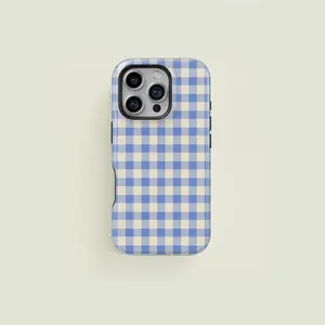 Light Blue And Cream Mini Checkered Pattern Minimalist Aesthetic Art Shockproof Tough Phone Case Heavy Duty Protective Cover for iPhone 11 12 13 14 15 16 17 Pro Max Plus