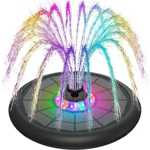 5W Solar  Water Fountain for Bird Bath, Upgraded Glass Panel with Colorful Light Show, 7 Nozzles, Anti-Drift Fixer, 2000mAh