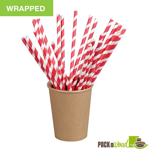 Packnwood 210CHP19EMBR Wrapped Red Striped Paper Straws, 0.2 Dia. x 8.3 in. - Bar & Kitchen Utensils