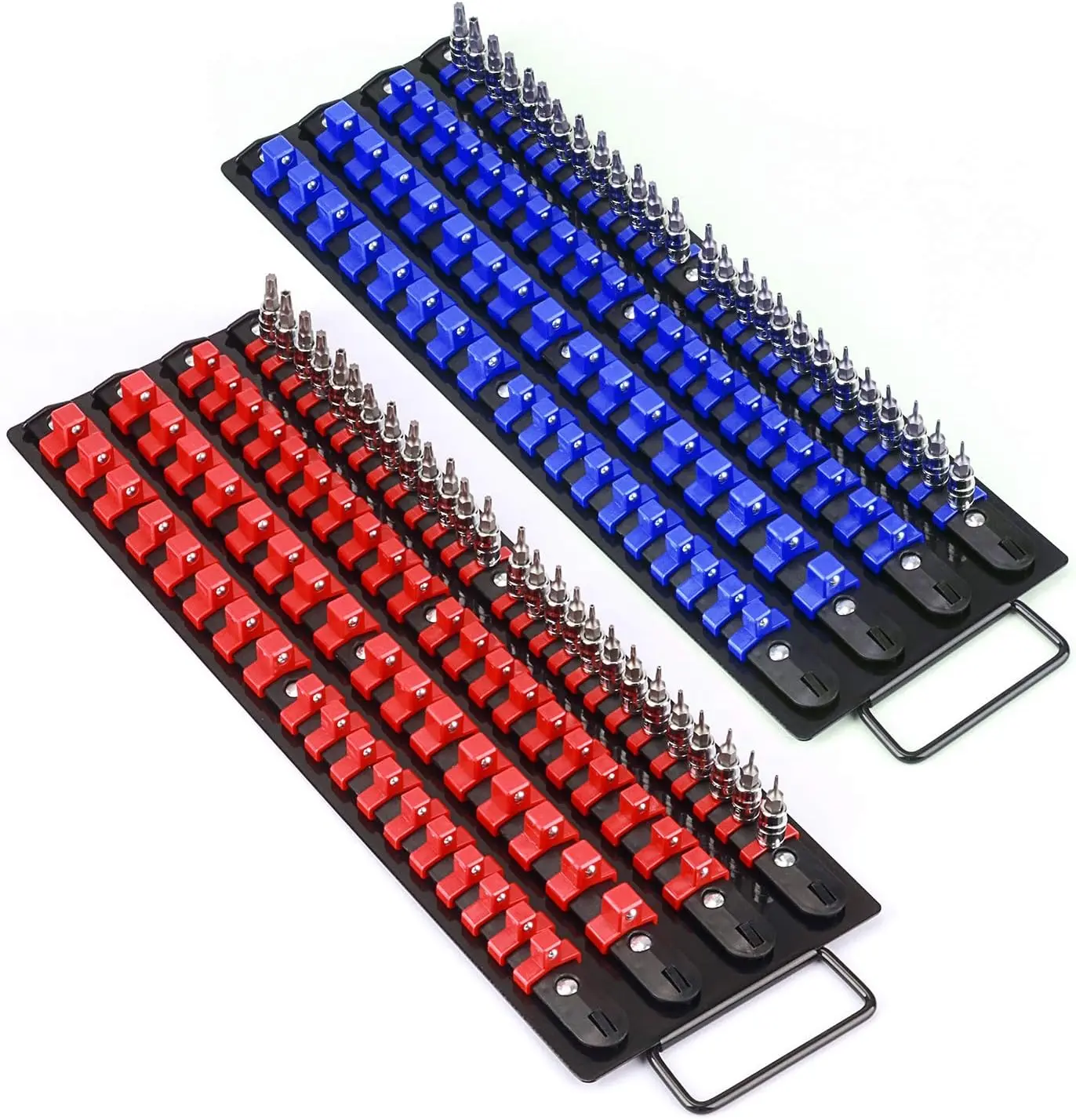80- Portable Socket Organizer Tray, 2 count Set, Blue & Red, Tools Organizer 1/4-Inch, 3/8-Inch, 1/2-Inch, Heavy Duty Socket Holder, Black Rails, Blue & Red Clips
