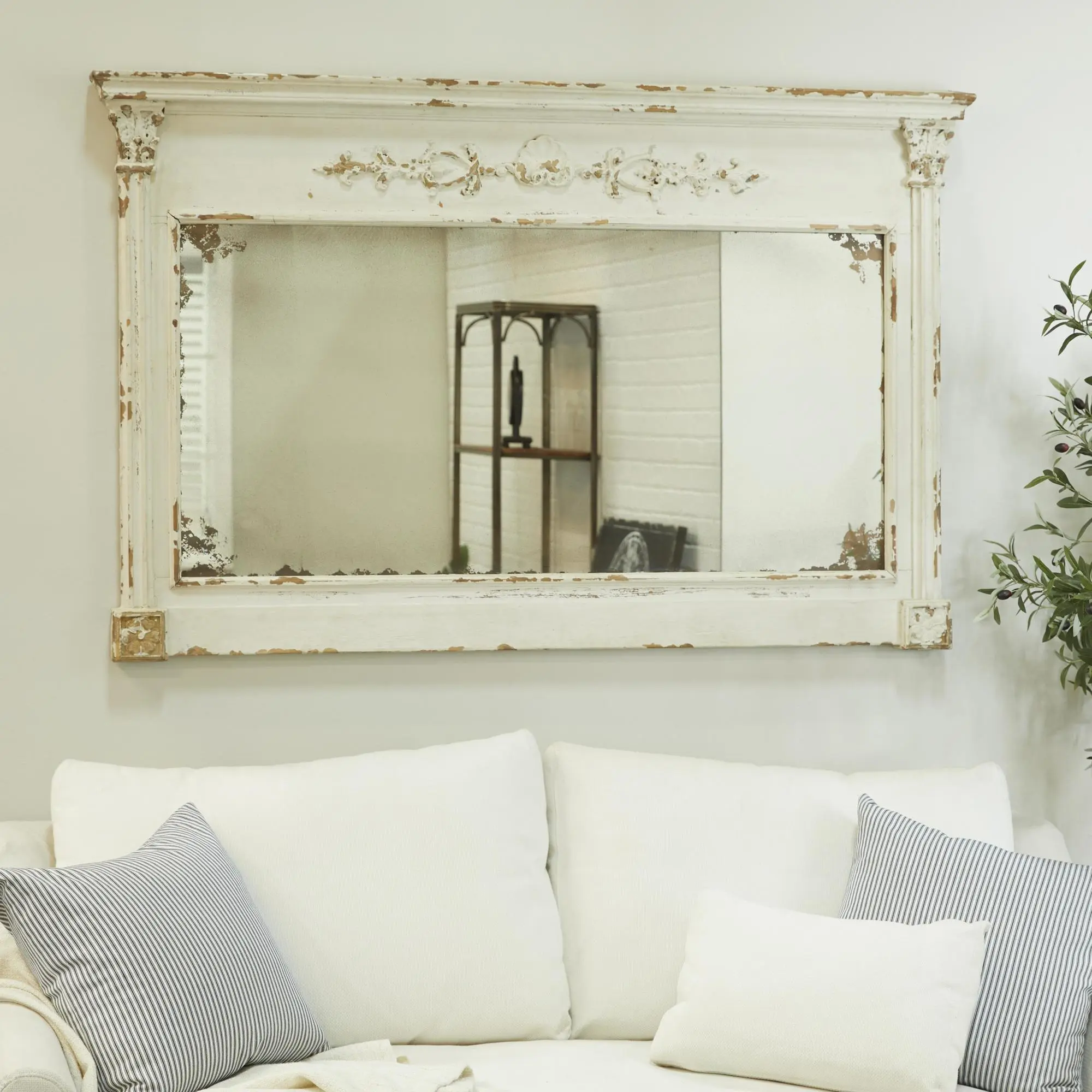 Traditional Decorative Rectangle Horizontal Glass Wall Mirror - Antique Floral Light Cream MDF Wood Carved Distressed, for Home Decor, Entryway Room Accent