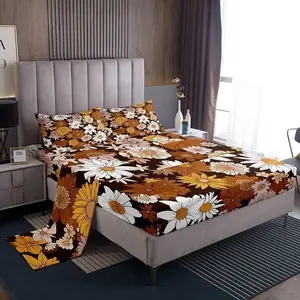 Bohemian Fall Floral Bedding Set,Retro Groovy Flower Power Sheet Set,Boho Eyes Hippie Bed Sheets For Teen Girls Adults Women Sunflower Daisy Fitted Sheet Vintage Flat Sheet