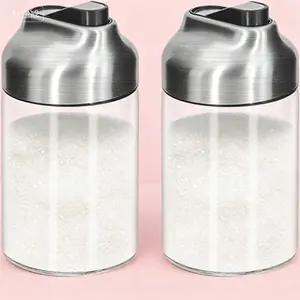 Glass Sugar Dispenser with Weighted Pour Spout for Coffee Tea Baking, Reusable Sugar Pourer with Drip-Free Spout, Kitchen Sugar Shaker for Countertop, 2-Pack Glass Sugar Jar with Lid