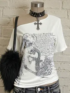 Women's Y2K Gothic Retro Skeleton Embrace Graphic Print T-Shirt, Trendy Punk Rock Style Asymmetrical Loose Short Sleeve Top for Casual Wear