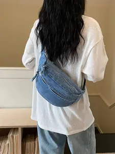 Korean Vintage Washed Denim Blue Chest Bag, Distressed Design Crossbody Shoulder Bag, Casual Waist Pack for Daily Commute Street Style, Everyday Beltpack