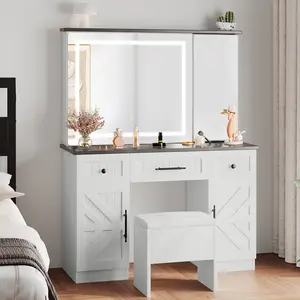 YITAHOME Farmhouse Vanity Set, Makeup Desk with Large Adjustable Lighted Mirror, Hidden Storage, Drawers, Cabinets, and Adjustable Shelves, Modern Vanity Desk with Storage Stool