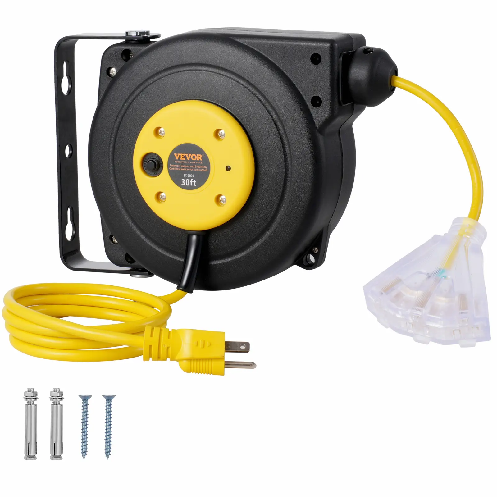 VEVOR Retractable Extension Cord Reel Power Cord Reel 30FT 16AWG/3C SJTOW, Yellow&black /red&black / black&blue