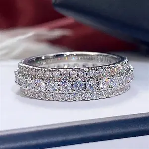Three row full diamond moissanite engagement ring, D-color VVS1 round cut, 925 sterling silver wedding ring, exquisite jewelry gift suitable for wives, girlfriends, mothers, fathers, men, holiday birthdays, Christmas Easter gifts