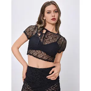 Cider [size 2-10] Floral Lace Cut Out Short Sleeve Crop Blouse Dealsforyou