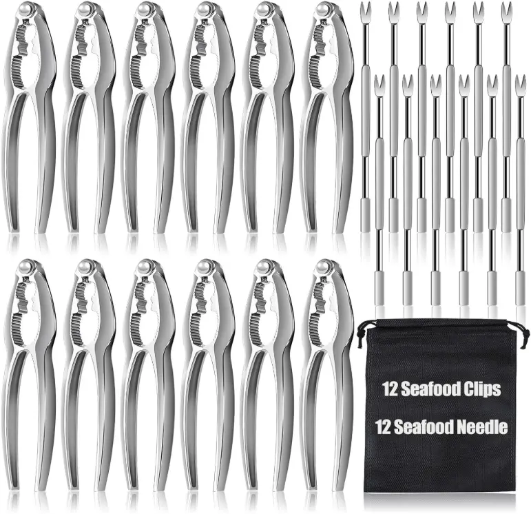 24-Piece Durable Stainless Steel Seafood Utensil Set - 12 Heavy-Duty Crab Claws, 12 Forks, Reusable Machine-Washable Home Kitchen Tools with Storage Bag for Restaurant Services, Outdoor BBQs