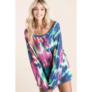 BiBi Tie Dye Print Terry Top with Puff Sleeves