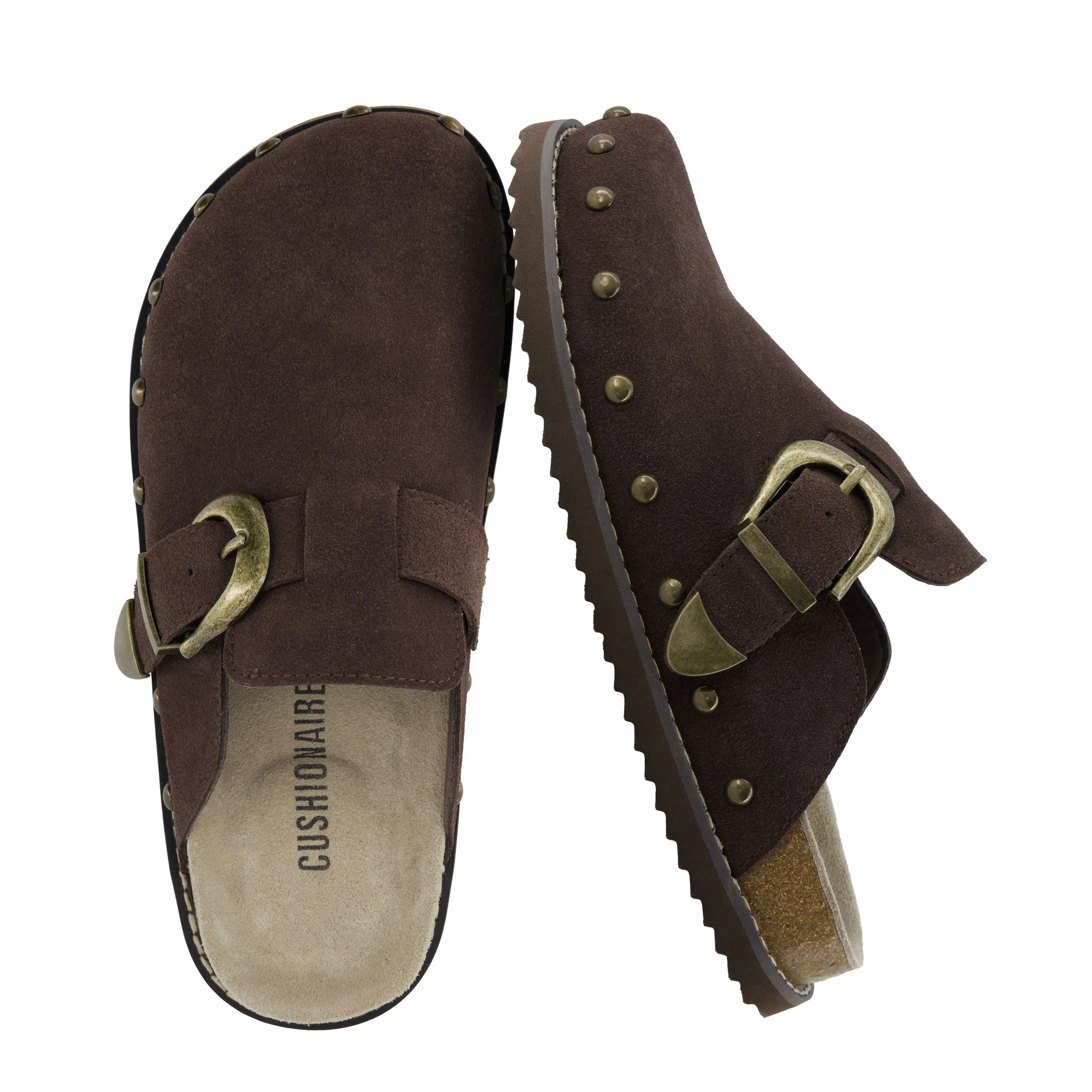 Cushionaire Bronco Slip On Mule Shoes For Women | Genuine Suede Leather Clogs With Adjustable Buckle | Studded Detailing Mule Clogs For Fall Outfits