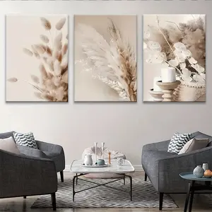 3-Piece Bohemian Artistic Framed Photo Wall Art Set - Vintage Plant, Reed Grass, Reed Leaf Prints, Minimalist Pine Wood Frames, Home Wall Decor with Post Ideas for Room Decoration