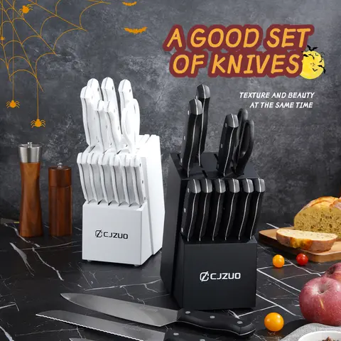 Kitchen knife set 15 pieces stainless steel knives and scissors etc Block knife set Container Food Cutting Utensils Storage Modern Home