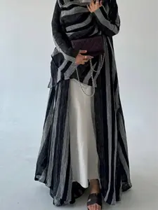 Black & Grey Striped Linen-Blend Open Abaya, Casual Modest Muslim Kimono Outerwear