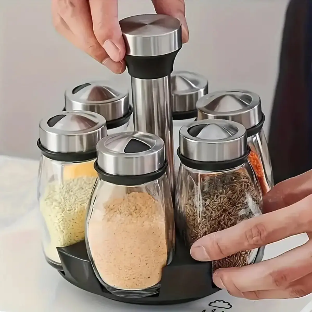 Rotating Spice Rack Set (6 Bottles), 360 Degree Rotatable Organizer, Spices Organizer, Includes Six Glass Spice Jars, Spices Containers, Ideal Modern Kitchen Storage Solution, Kitchen Gadgets, Seasoning, Kitchenware