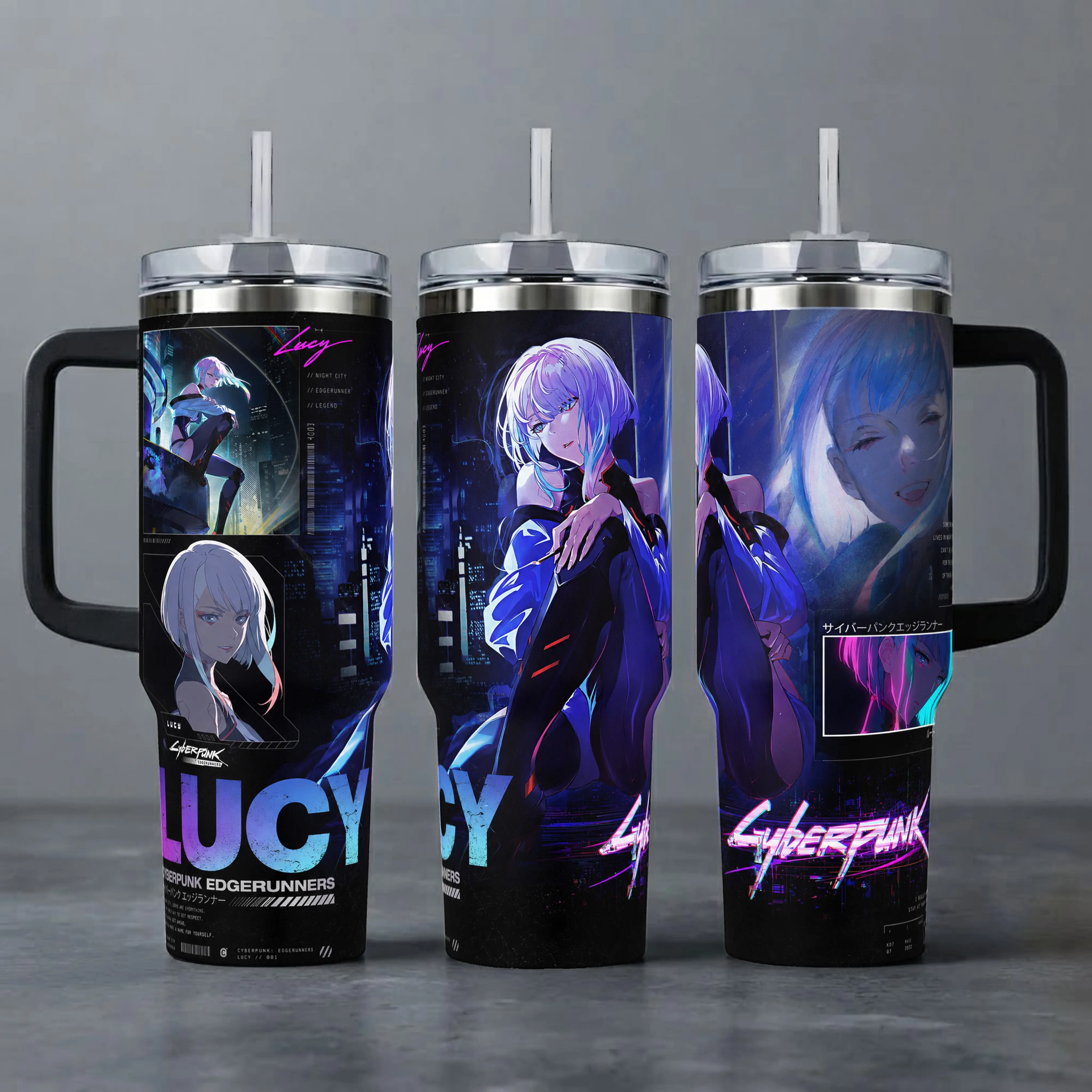 Lucy Cyberpunk Edgerunners Tumbler, 40oz Cup with Handle & 20oz Travel Mug. Gift for Anime Fans Featuring Neon Futuristic Theme