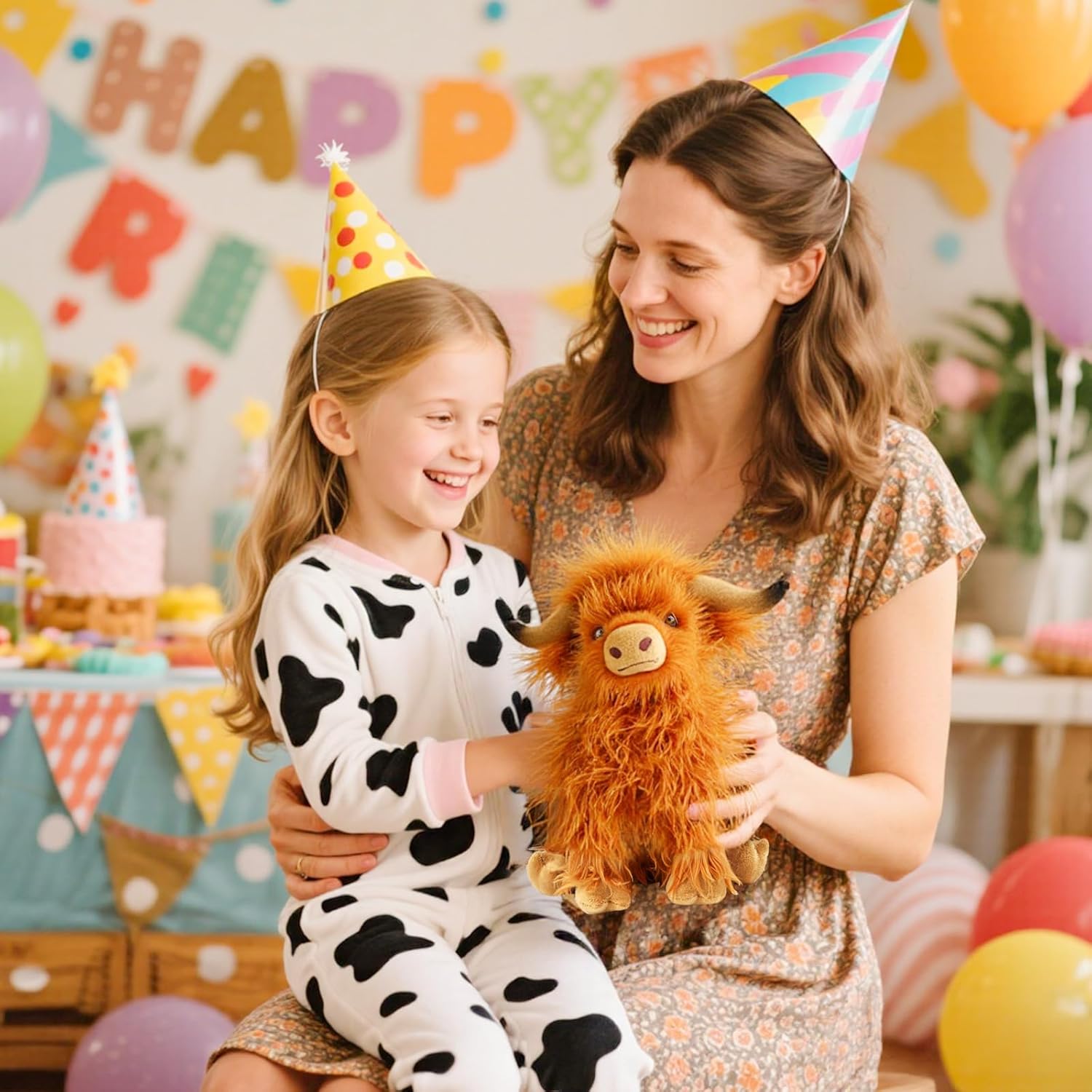 Highland Cows Stuffed Animals, Cute Fluffy Cow Plush Figure Toys Realistic Highland Cattle Plush Decor for Kids