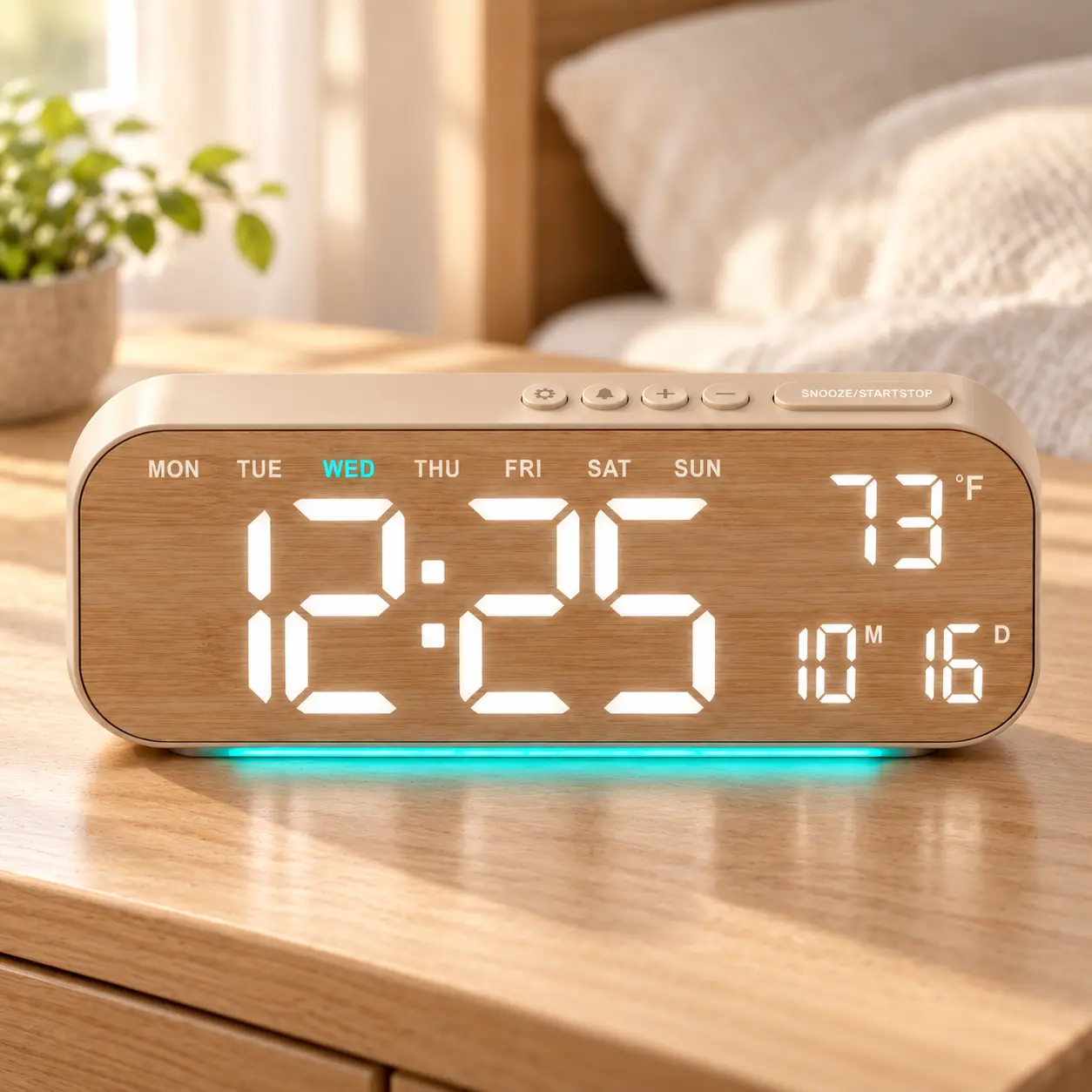 9.4" Large LED Digital Alarm Clock for Bedroom, Aesthetic Wood Grain & Linen Bedside Clock with Temp & Date Display, Dual Alarms, 6-Color Ambient Night Light, 4-Level Dimmer, USB Charger Port, Corded Electric Tabletop Clock for Home Office Desk Decor