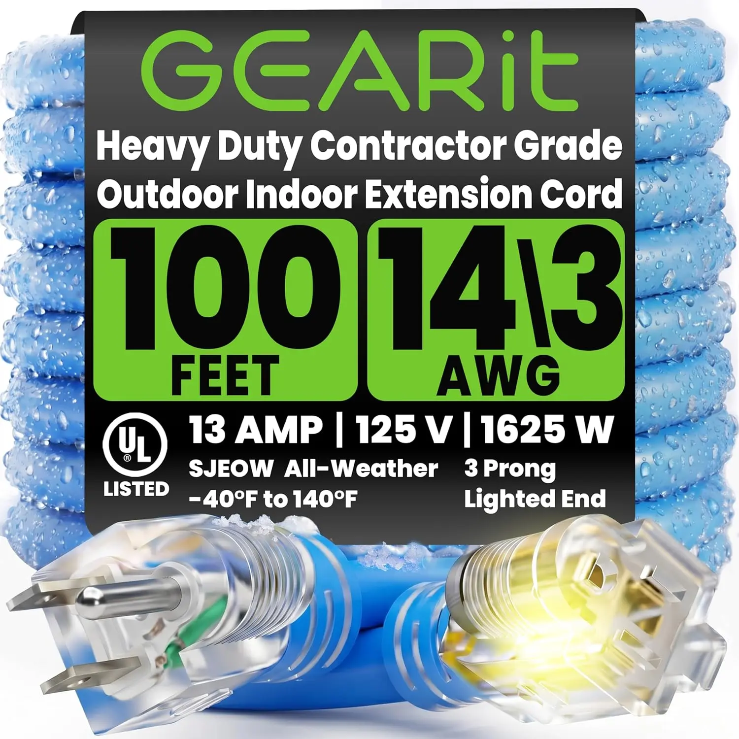 14/3 Outdoor Extension Cord 100 Feet - SJEOW - Extreme Weather Resistant - 14 Gauge 3 Prong, Blue 14/3 Outdoor Extension Cord 100 Feet - SJEOW - Extreme Weather Resistant - 14 Gauge 3 Prong, Blue
