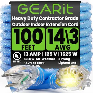 14/3 Outdoor Extension Cord 100 Feet - SJEOW - Extreme Weather Resistant - 14 Gauge 3 Prong, Blue