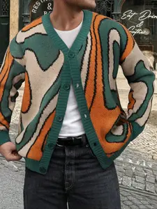 Men's Winter Street Style Abstract Jacquard Cardigan, Loose-Fitting Open Front Sweater Coat, Long Sleeve Fashion Outerwear