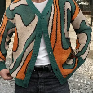 Men's Winter Street Style Abstract Jacquard Cardigan, Loose-Fitting Open Front Sweater Coat, Long Sleeve Fashion Outerwear