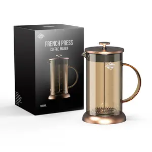 CrossCreek French Press Coffee & Milk Frother, 34oz (4 Cups) Heat Resistant Borosilicate Glass Coffee Press with 4 Filter Screens, Stainless Steel Plunger Durable Easy Clean 100% BPA Free, Copper