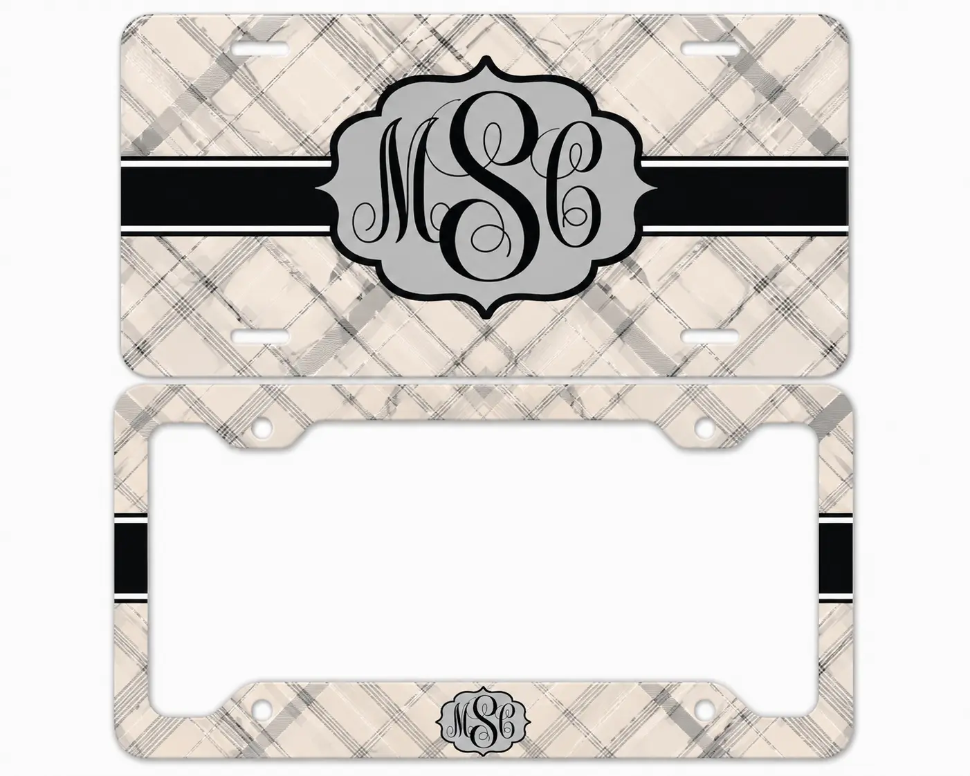 Custom Plaid License Plate and Frame Set, Personalized Monogram Car Tag, Aesthetic Neutral Car Accessories for Women, Unique Gift for Her, Stylish Auto Plate Decor